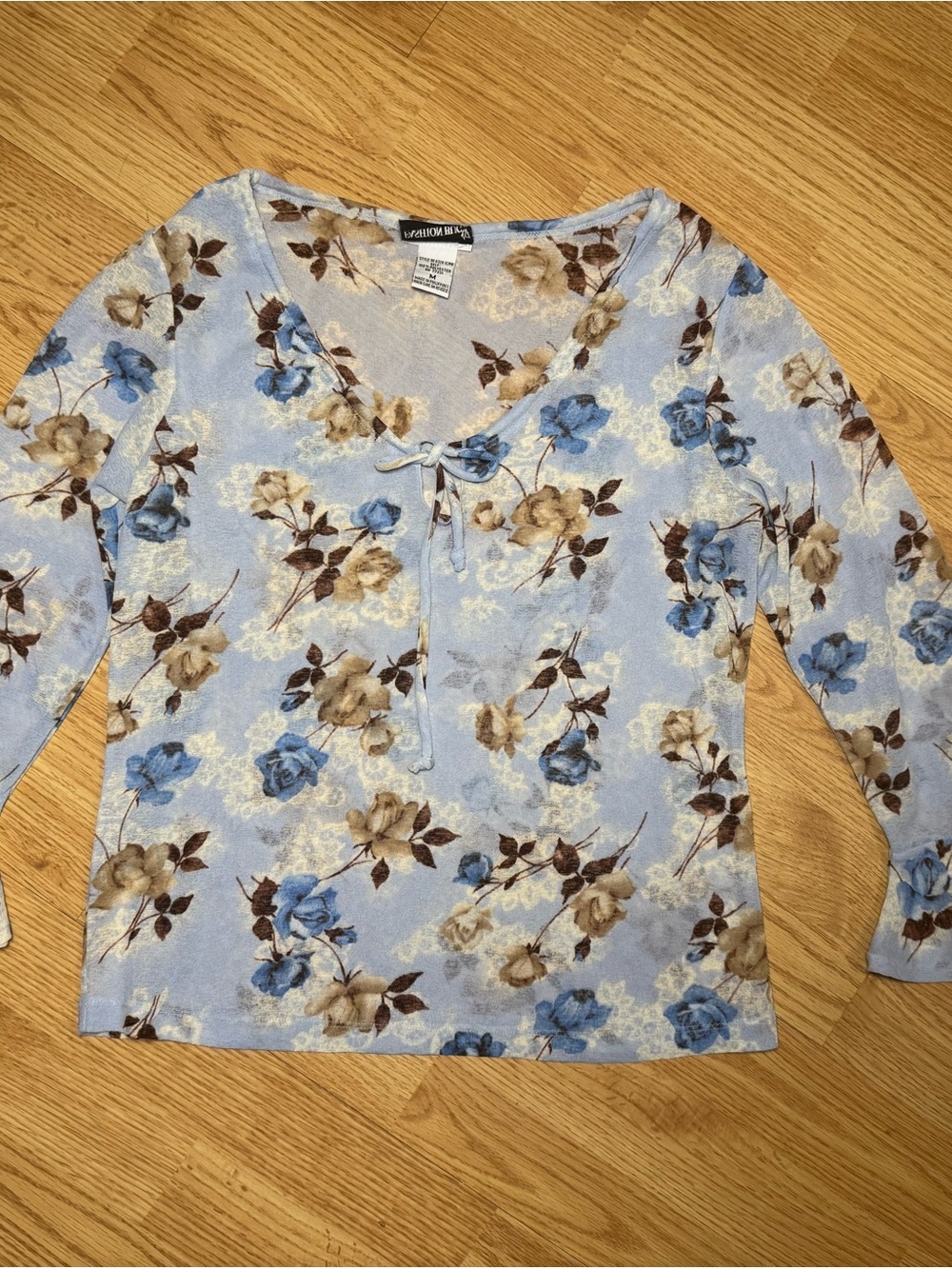 Fashion Bug Light Blue Floral Tie-Front 3/4 Sleeve Top